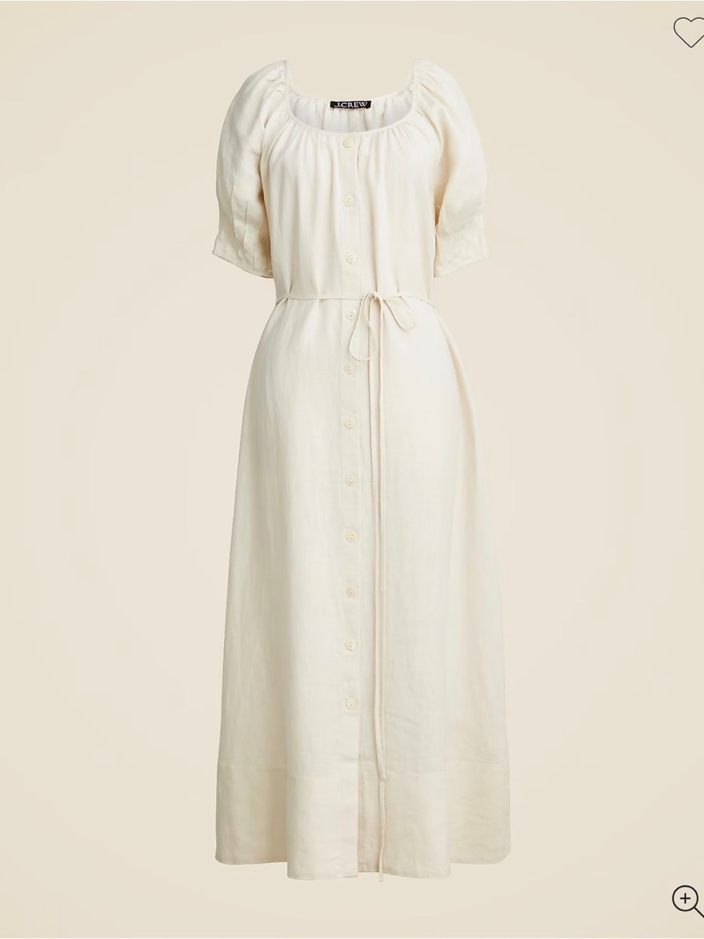 J. Crew Cream Button-Front Maxi Dress with Tie Waist